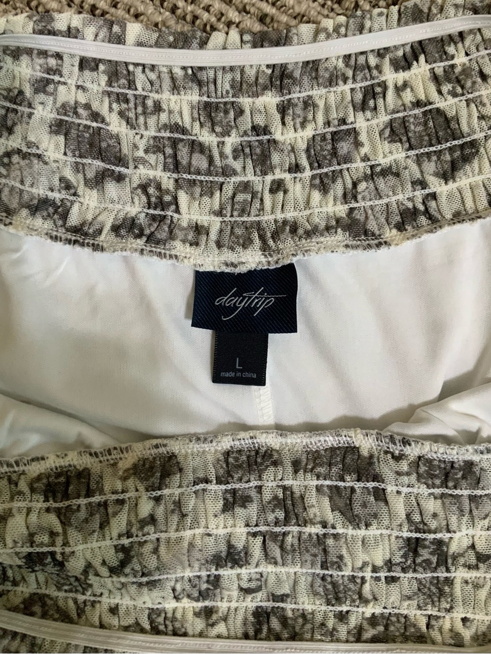 Daytrip Strapless Smocked Top in Cream and Gray Abstract